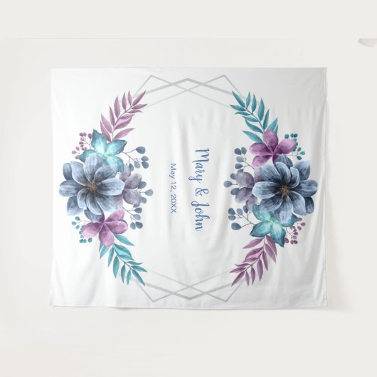 青と紫の水彩花の写真用背景 タペストリー (正面(横))