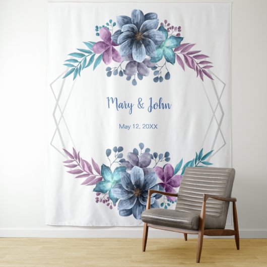 青と紫の水彩花の写真用背景 タペストリー (インサイチュ)