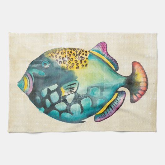 青と紫の水族館魚 キッチンタオル (横)