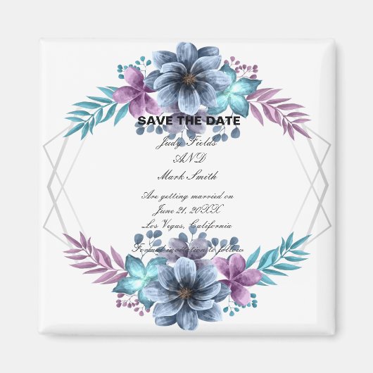 青と紫の水色のフローラ保存日付 マグネット (正面)