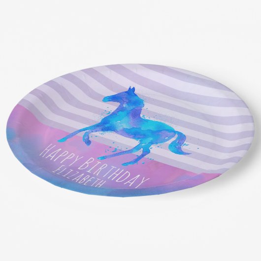 青と紫の水色のワイルドホース誕生日 ペーパープレート (アングル)