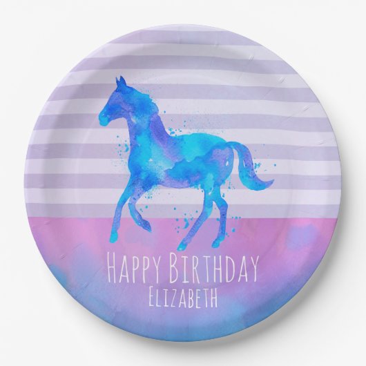 青と紫の水色のワイルドホース誕生日 ペーパープレート (正面)