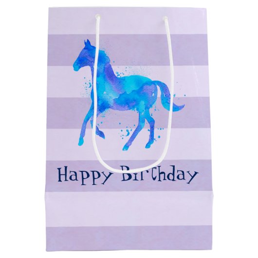 青と紫の水色のワイルドホース誕生日 ミディアムペーパーバッグ (裏面)