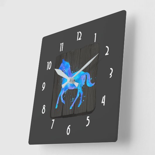 青と紫の水色のワイルドホース黒 スクエア壁時計 (傾斜)