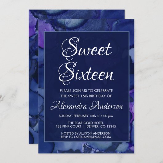 青と紫の水色インクスウィート16誕生日 招待状 (正面/裏面)