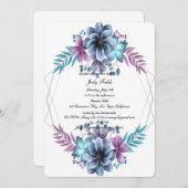 青と紫の水色フローラブライダルシャワー 招待状 (正面/裏面)