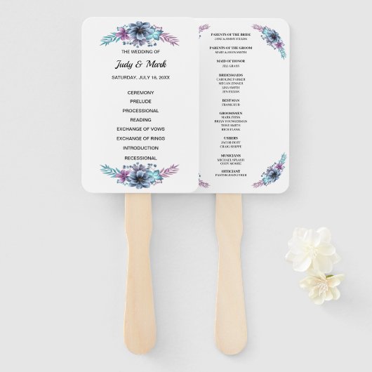 青と紫の水色フローラ結婚式 プログラム ハンドファン (正面&裏面)