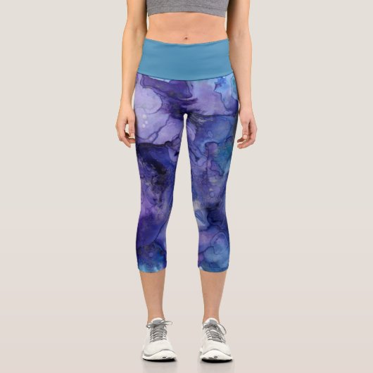 青と紫の液体水の色マルブル絵を描 カプリレギンス (正面)