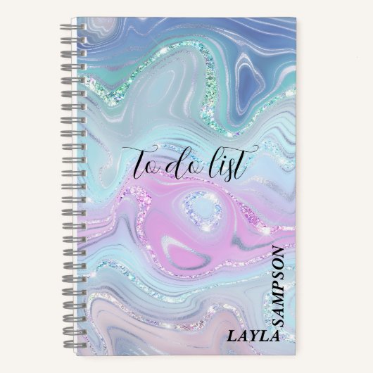 青と紫の渦巻きの色合い(グリッター) ノートブック (正面)