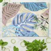 青と紫の熱帯葉の キッチンタオル (折り畳み)