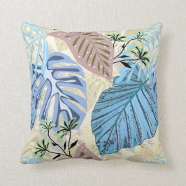 青と紫の熱帯葉。 クッション