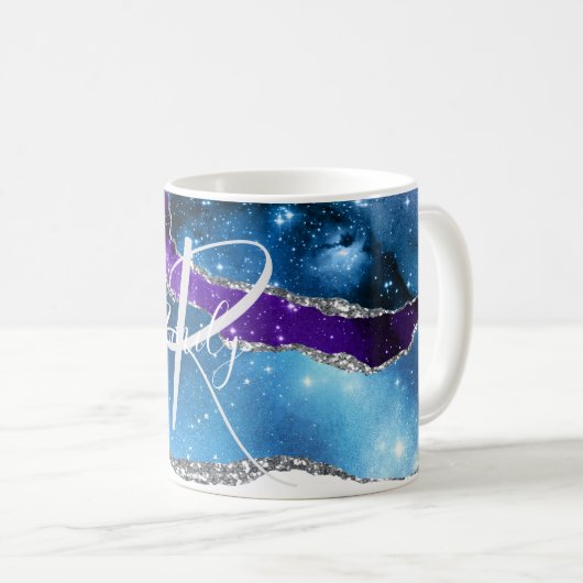 青と紫の瑪瑙の大理石抽象芸術名モノグラム コーヒーマグカップ (正面右)
