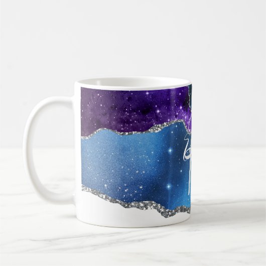 青と紫の瑪瑙の大理石抽象芸術名モノグラム コーヒーマグカップ (左)