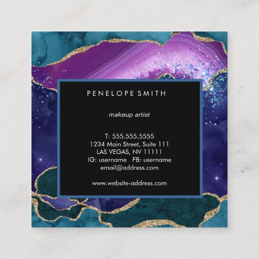 青と紫の瑪瑙抽象芸術 スクエア名刺 (裏面)