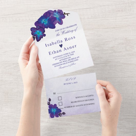青と紫の結婚式招待状 オールインワン招待状 (貼ってはがせる)
