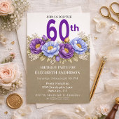 青と紫の芍薬の花の60歳の誕生日 招待状