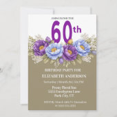 青と紫の芍薬の花の60歳の誕生日 招待状 (正面)