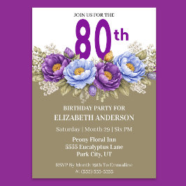 青と紫の芍薬の80歳の誕生日 招待状
