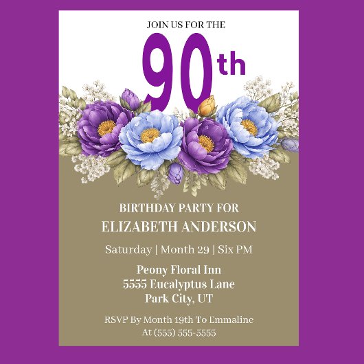 青と紫の芙蓉を使った90歳の誕生日 招待状