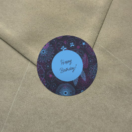 青と紫の花のエレガント輪郭パターン ラウンドシール