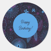 青と紫の花のエレガント輪郭パターン ラウンドシール (正面)