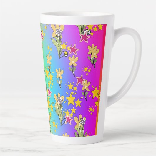 青と紫の花のブーケの円形デザイン カフェラテマグ (右)