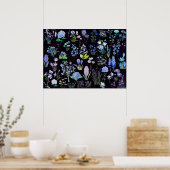 青と紫の花の背景(黒) ポスター (キッチン)