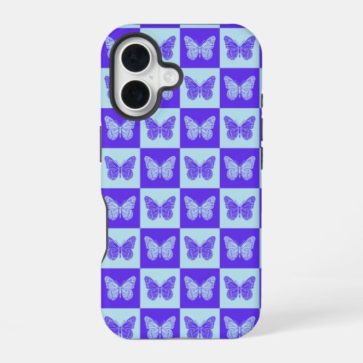 青と紫の蝶々チェック柄 iPhone 16ケース (裏面)