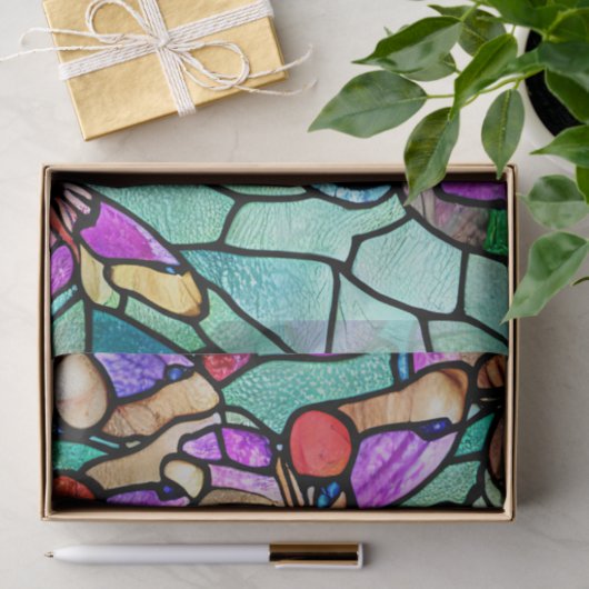 青と紫の蝶のステンドグラスのデコパージュ 薄葉紙 (ギフト)