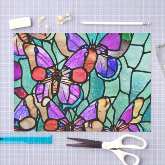 青と紫の蝶のステンドグラスのデコパージュ 薄葉紙 (クラフト)