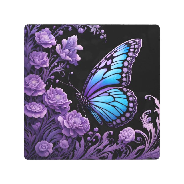 青と紫の蝶のフローラ メタルプリント (正面)