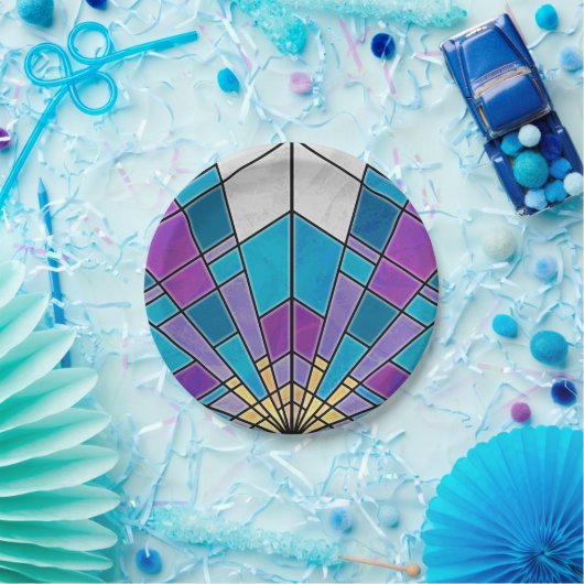 青と紫の角度パターンを持つステインガラス ペーパープレート (パーティー)