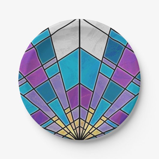 青と紫の角度パターンを持つステインガラス ペーパープレート (正面)