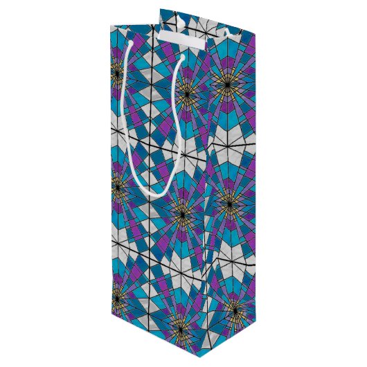 青と紫の角度パターンを持つステインガラス ワインギフトバッグ (裏面アングル)