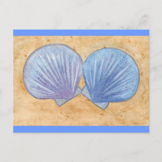 青と紫の貝殻が砂浜の絵はがき ポストカード (正面)