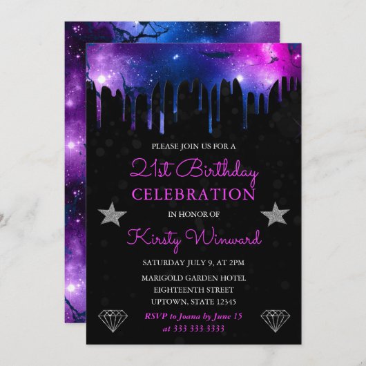 青と紫の銀河系大理石21歳の誕生日 招待状 (正面/裏面)