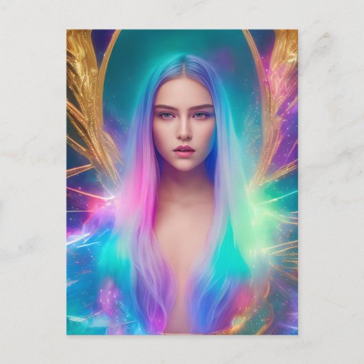 青と紫の髪のはがき付き女性 ポストカード (正面)