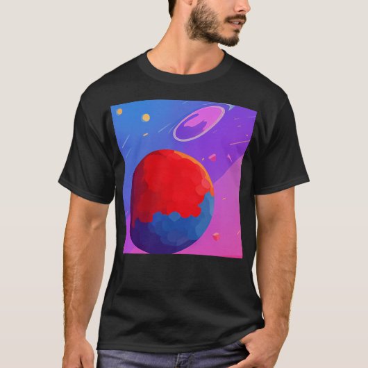青と紫の3つの惑星のイラストレーション Tシャツ (正面)