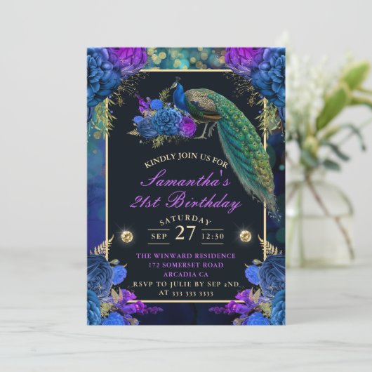 青と紫エレガントの花ピーコック誕生日 招待状 (スタンド正面)