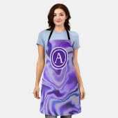 青と紫シルキー大理石モノグラム文字 エプロン (着用した状態)