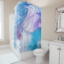 青と紫モダンのマーリーアルコールインク シャワーカーテン