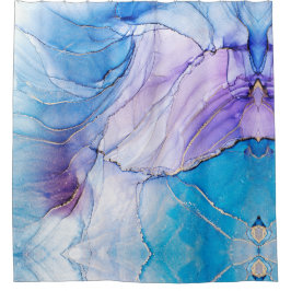 青と紫モダンのマーリーアルコールインク シャワーカーテン