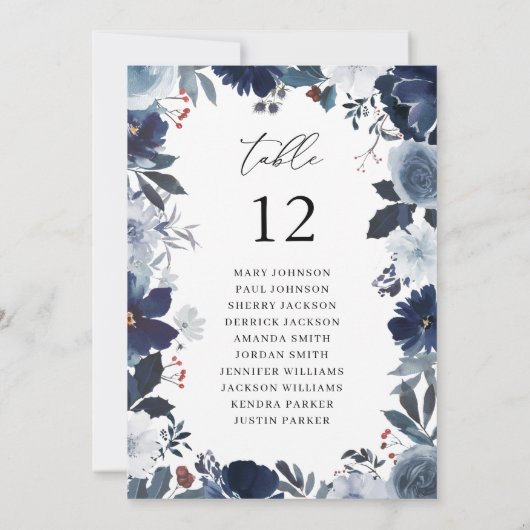 青と紺のフローラテーブル番号座席表 招待状 (裏面)