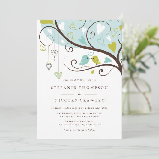 青と緑お洒落のロバ結婚バード 招待状 (スタンド正面)