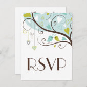青と緑かわいいラブバードウェディングRSVPポストカード インビテーションポストカード (正面/裏面)