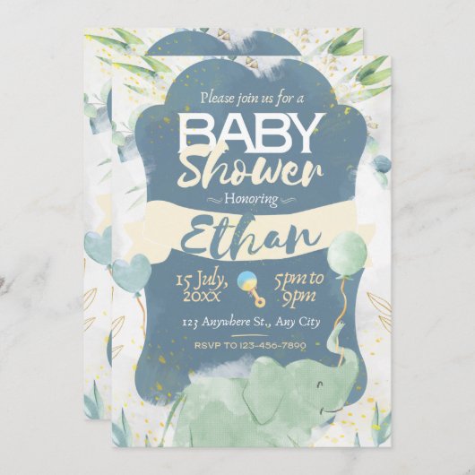 青と緑かわいい赤ちゃんシャワー招待状 招待状 (正面/裏面)