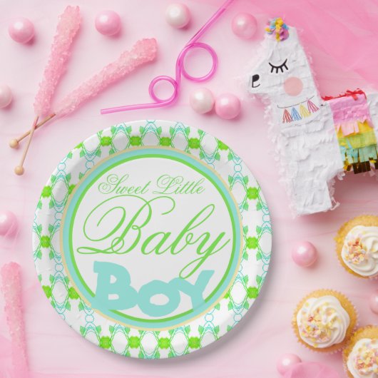 青と緑と白の男の赤ちゃんシャワーデコール ペーパープレート (パーティー)