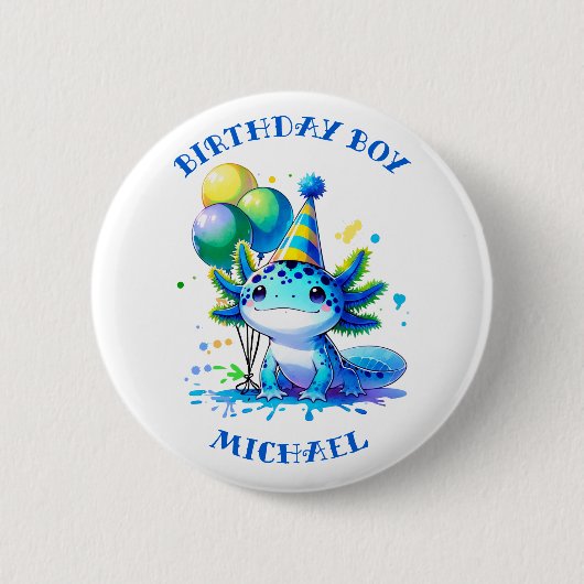 青と緑のアクソロトルボーイの誕生日ボーイ 缶バッジ (正面)