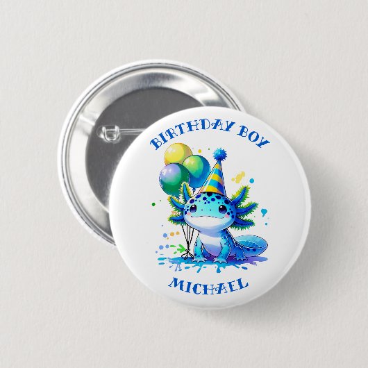 青と緑のアクソロトルボーイの誕生日ボーイ 缶バッジ (正面&裏面)