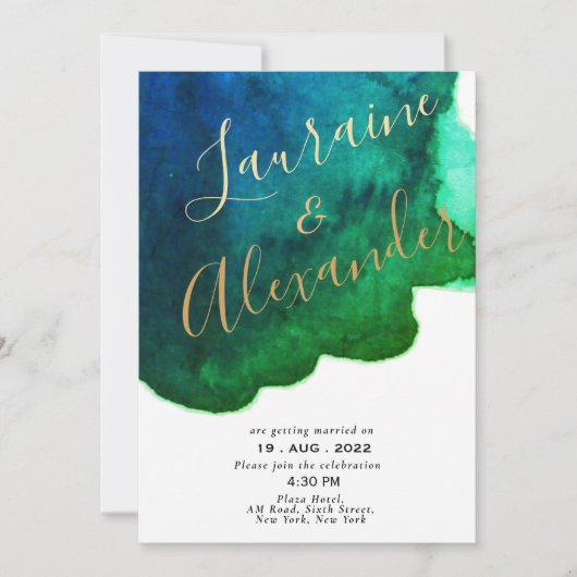 青と緑のインクウォーターのカラー抽象芸術スプラッシュ 招待状 (正面)